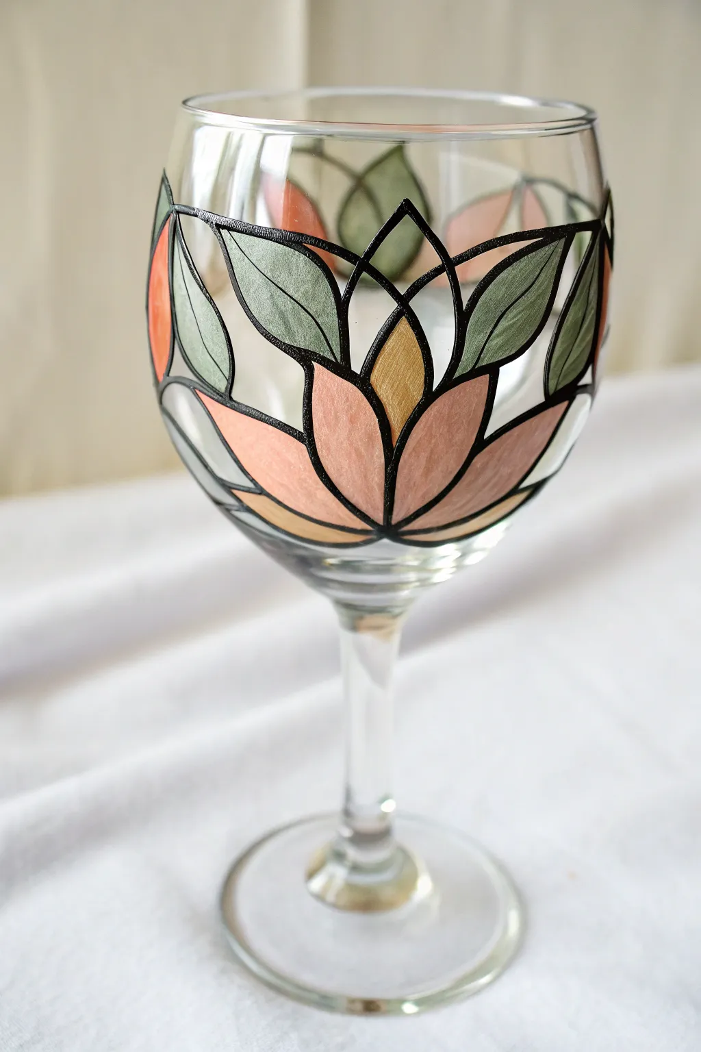 Easy faux stained glass look: bold black outlines and simple petals on a painted wine glass