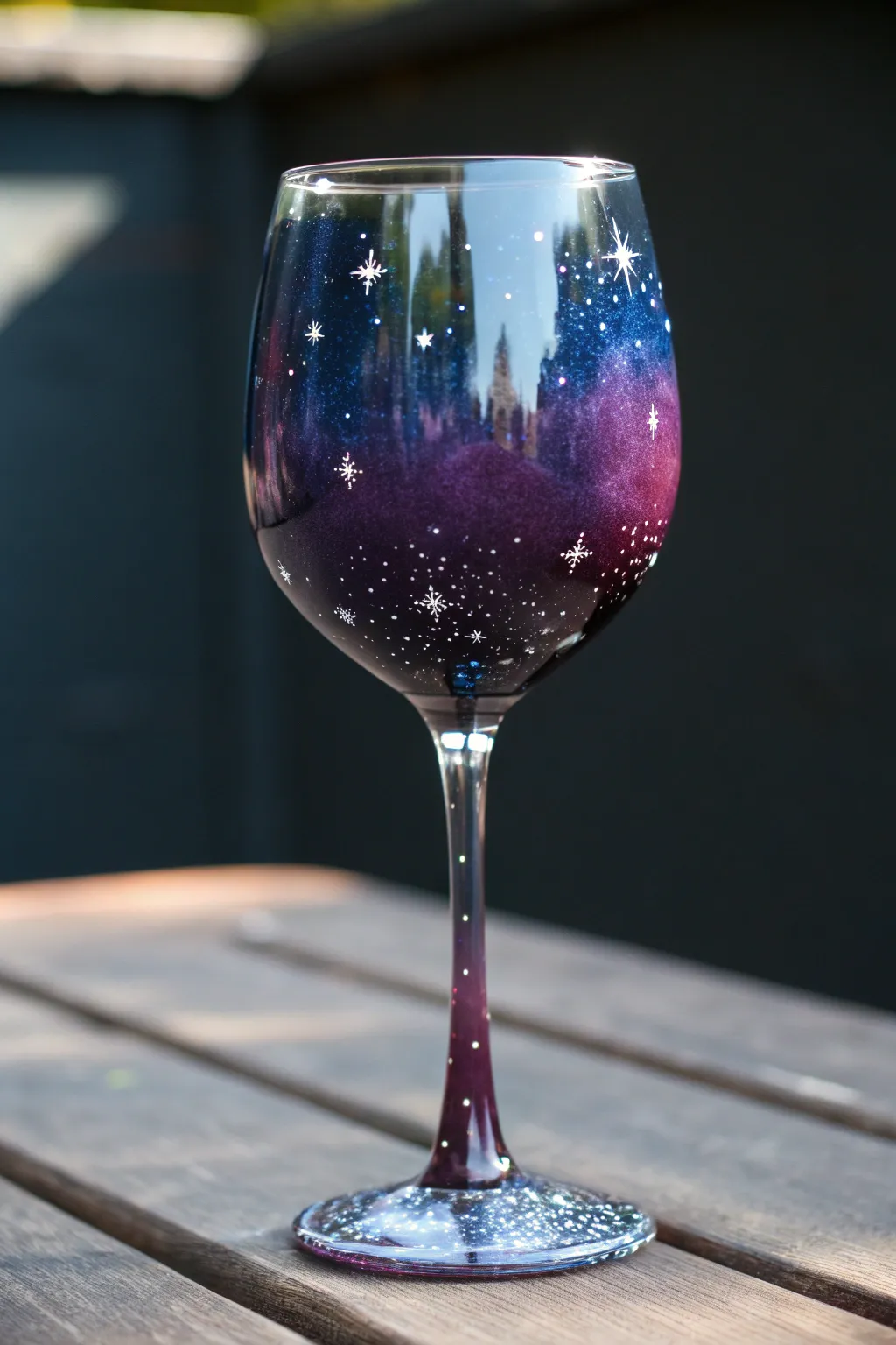 Galaxy ombre wine glass with splattered stars, minimal moody lighting for a wow finish