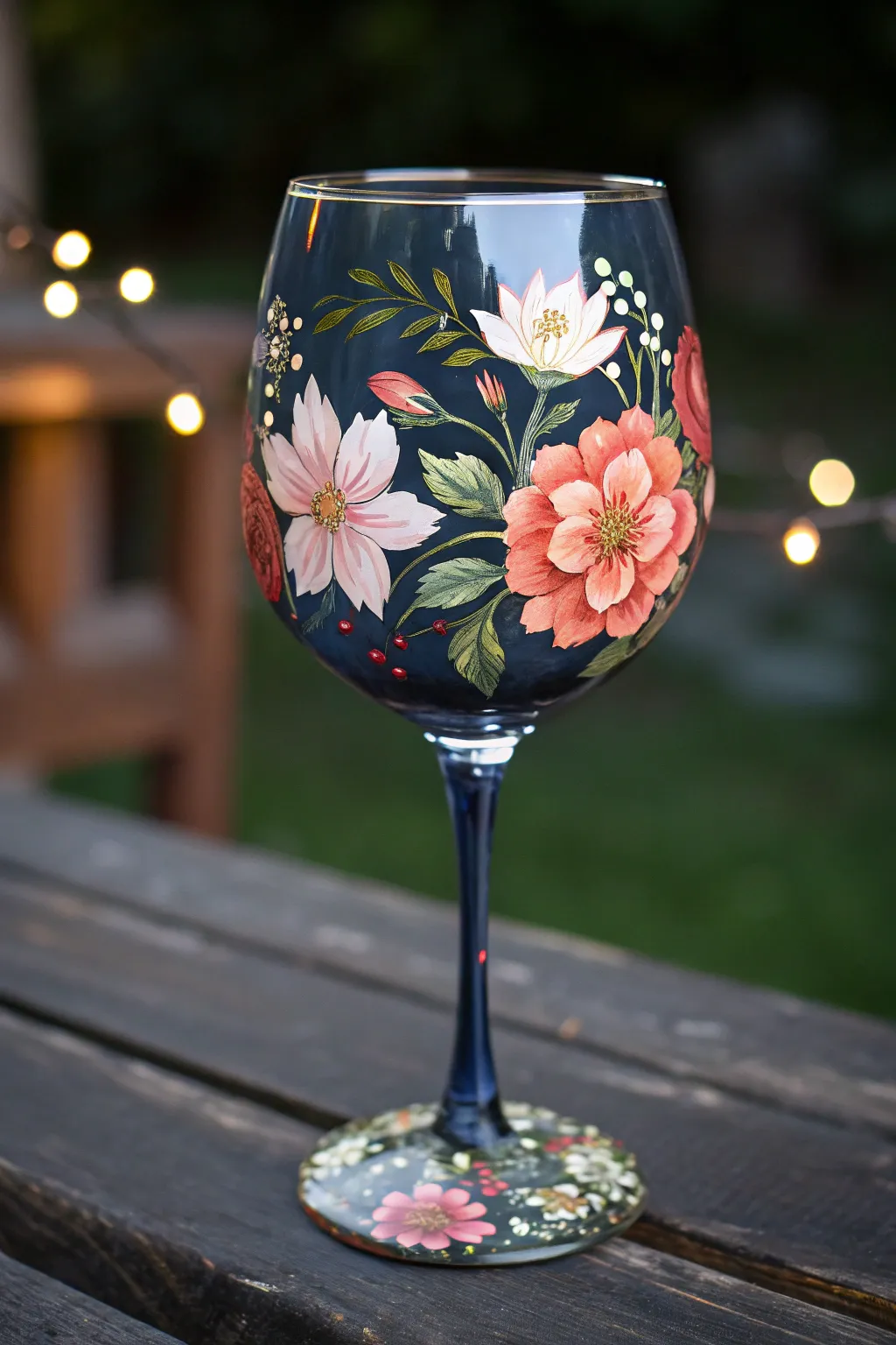 Night garden florals glow on a smoky navy wine glass, minimalist and handcrafted.