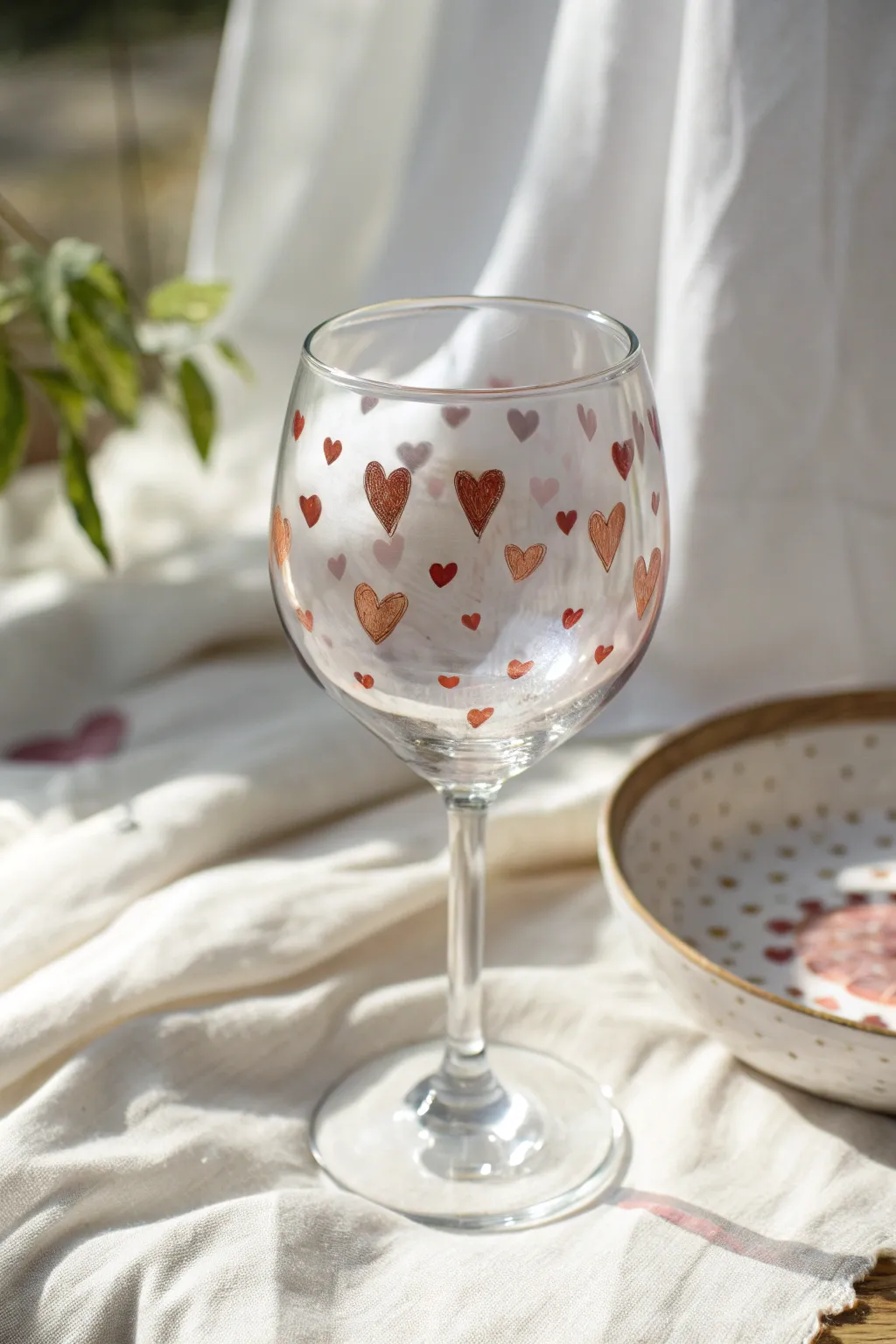 Beginner-friendly wine glass with tiny hand-painted hearts in bright, minimalist light