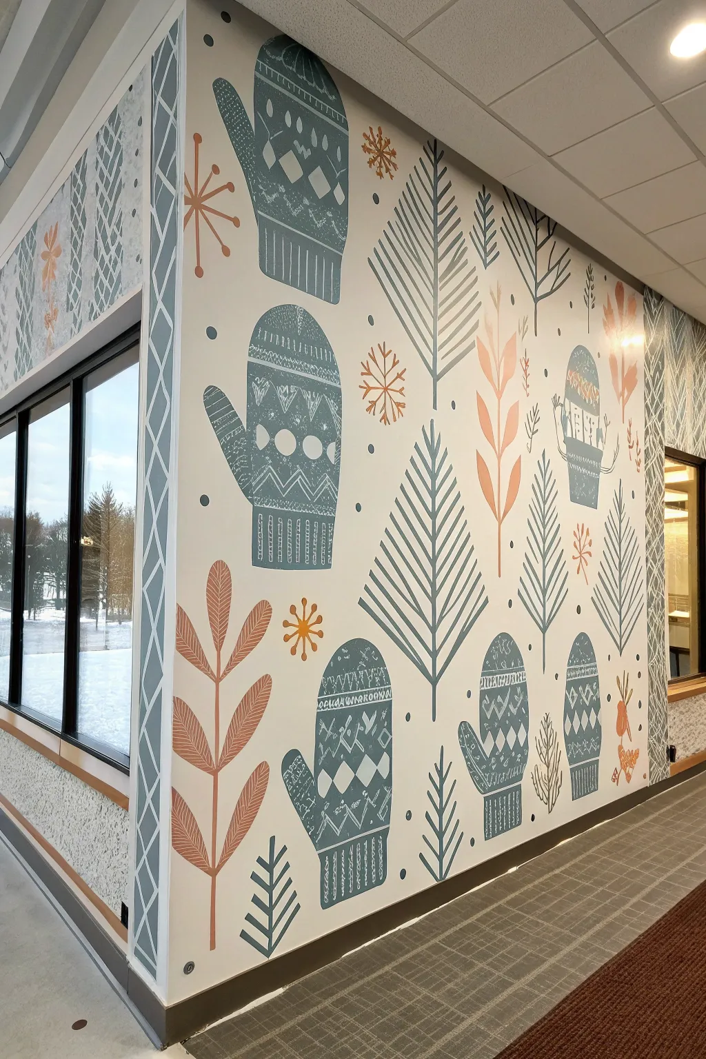 Cozy mitten and scarf pattern mural in cool tones with a warm accent, Nordic boho minimal vibe