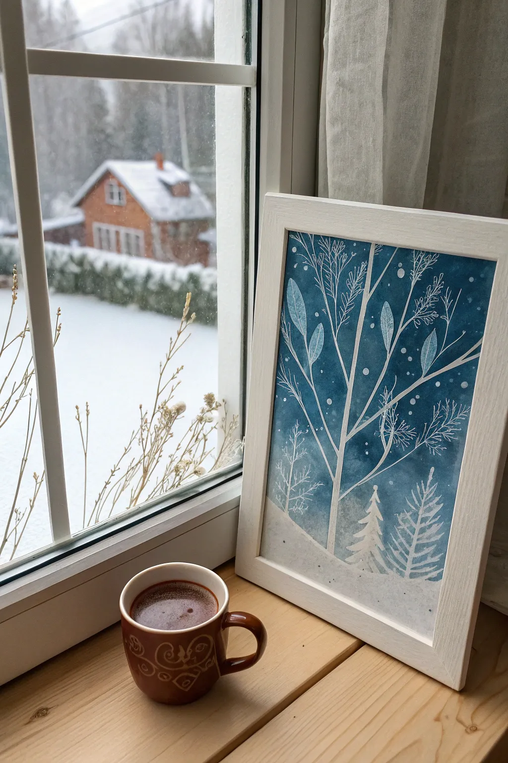 Paint a serene winter moment featuring a frosty window view and a warm mug of cocoa.