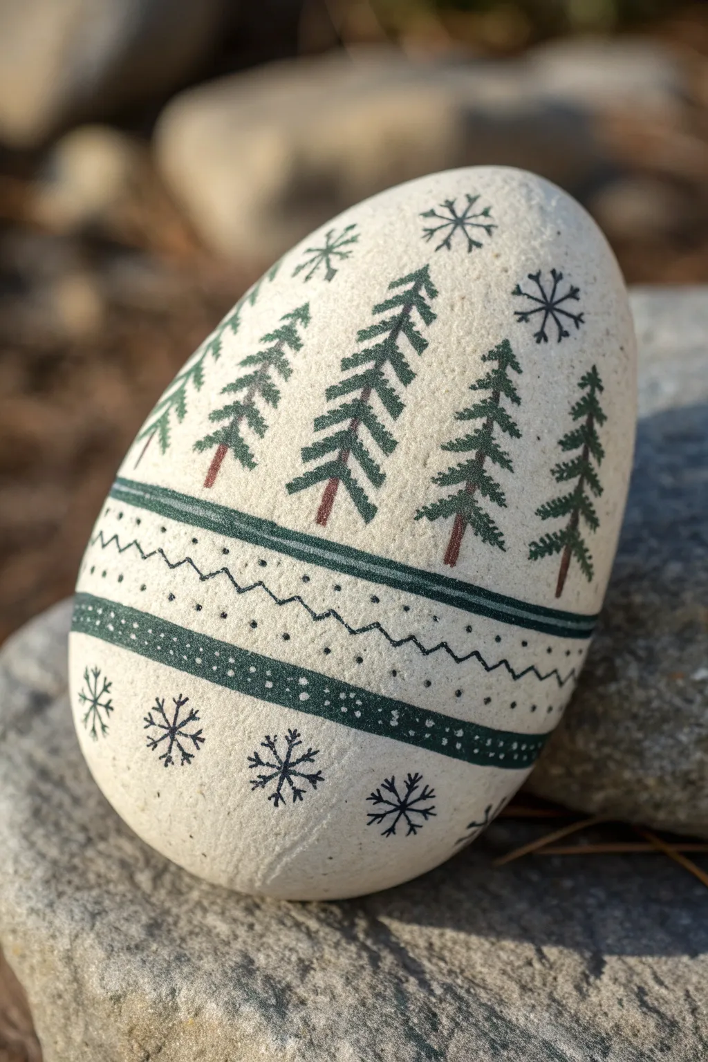 Cozy knit sweater patterned winter rock in crisp neutrals, minimalist Scandi boho style.