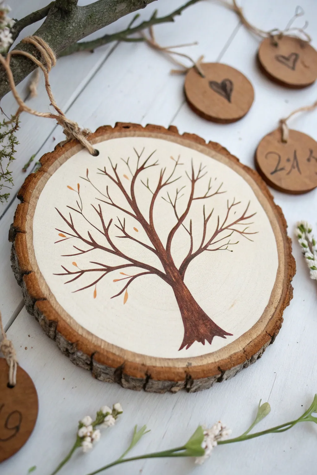 Warm minimalist wood circle tree with hanging family tags, Scandinavian boho painting idea