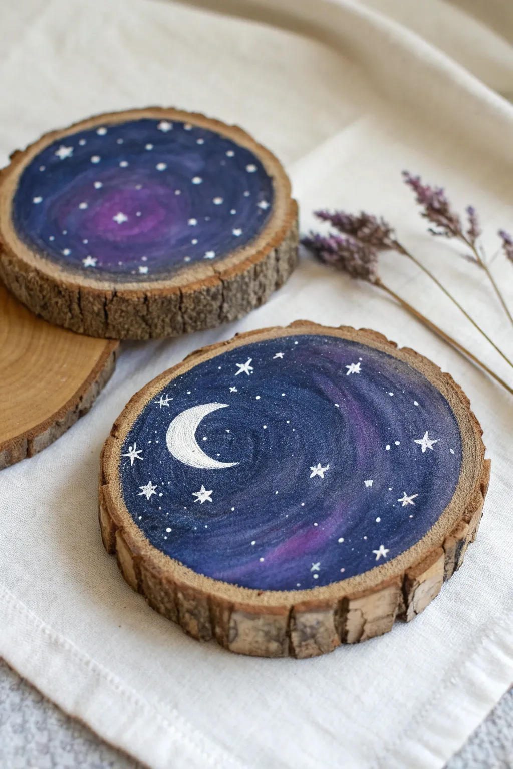 Bark-edge wood rounds painted as a galaxy night sky, simple, moody, and beautifully handmade
