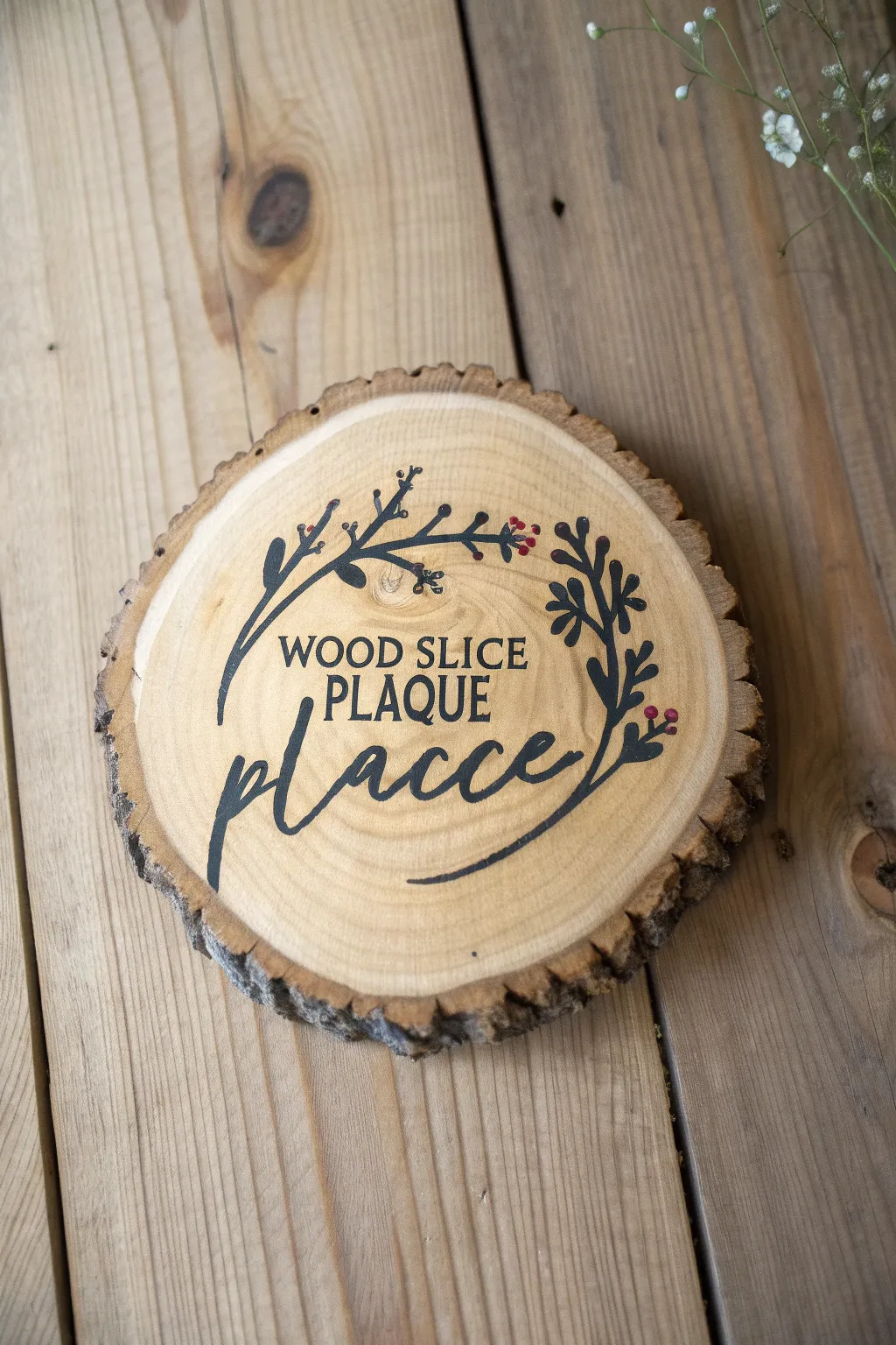 Minimal wood slice lettering design with delicate florals, perfect for simple wood drawing ideas