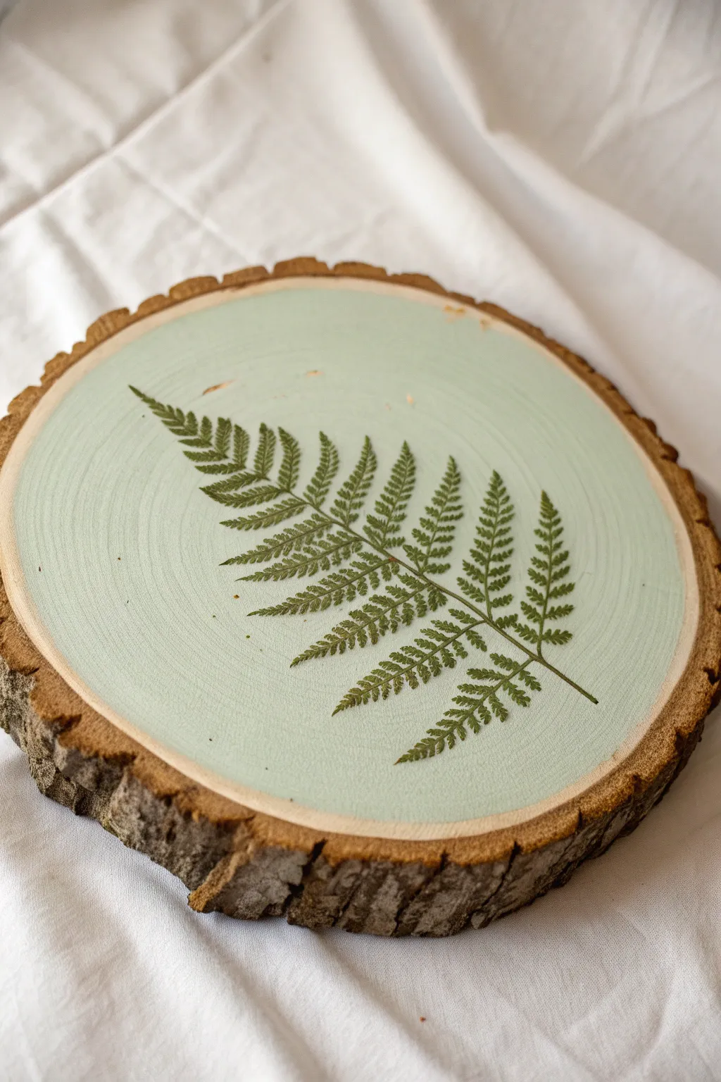 Negative space fern: matte sage paint framing raw wood grain for a clean modern finish