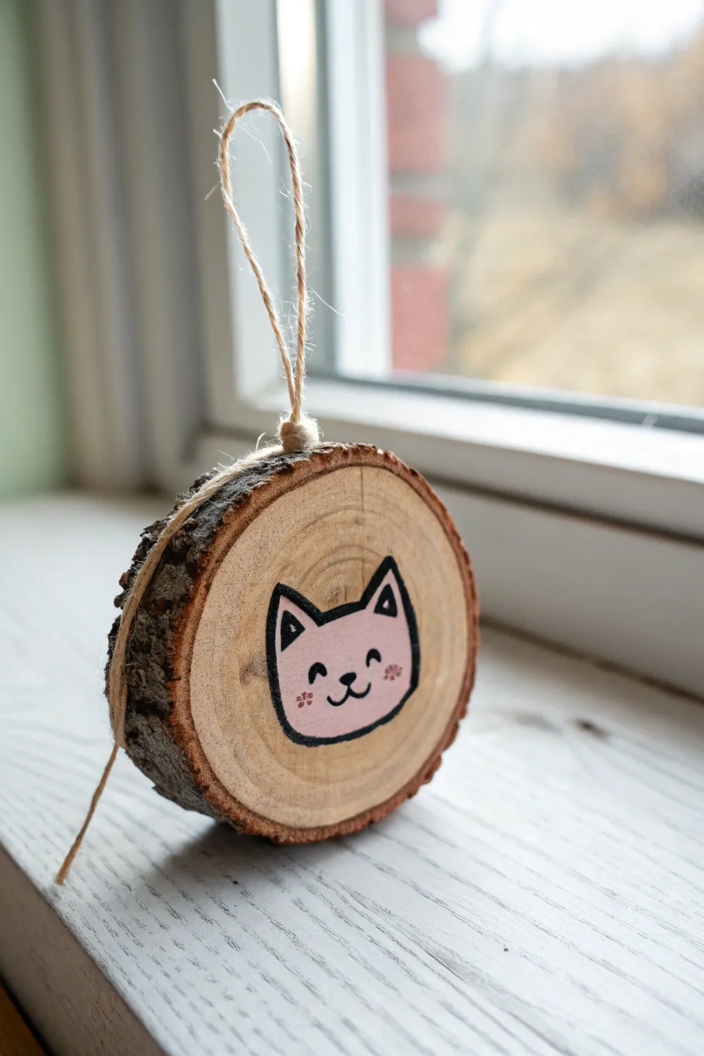 DIY mini pet portrait badge on a wood slice, minimalist lines and twine hanger, cozy boho vibe