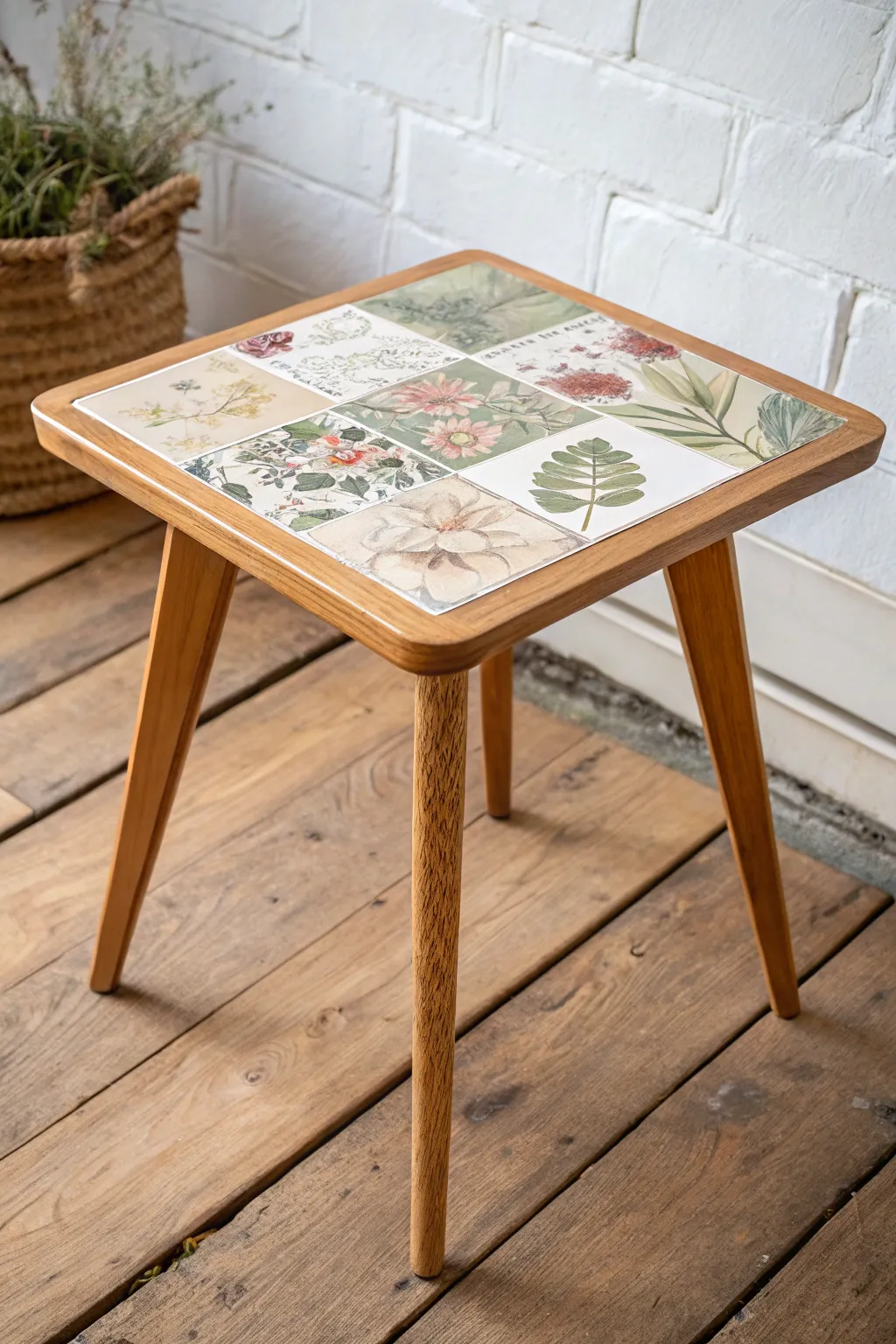 Decoupage collage top with glossy seal, paired with a matte painted base for a revived table