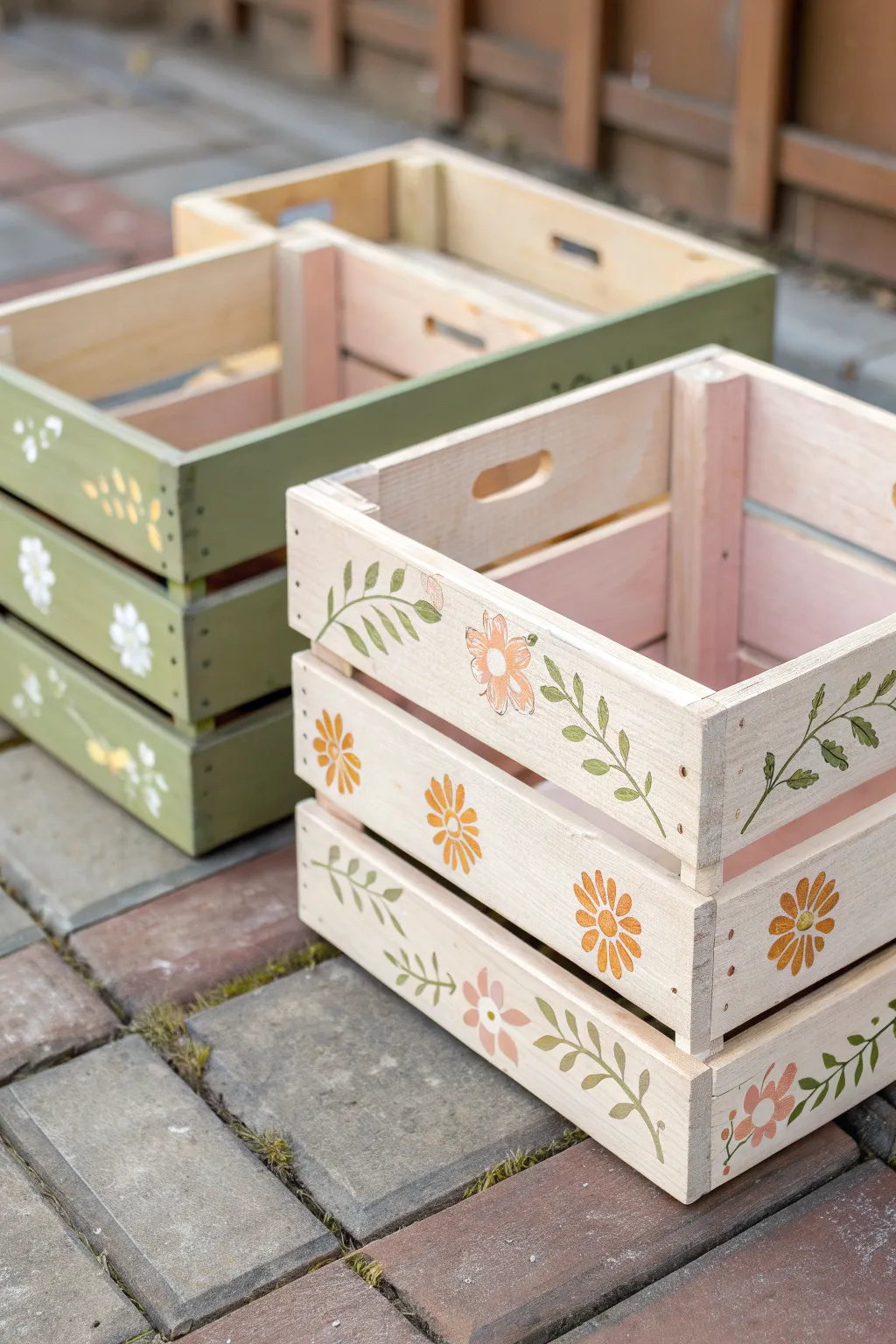 Swap-ready seasonal painted crates in minimalist boho palettes, simple motifs, and cozy accents