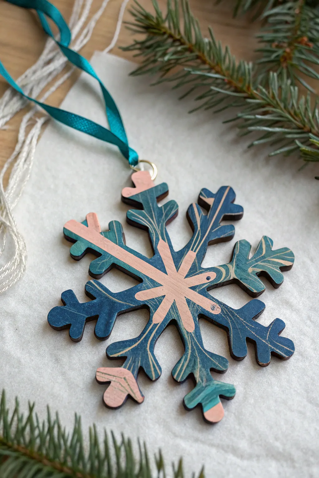 Marbled pour-painted wooden snowflake with swirly ribbons for dreamy winter decor