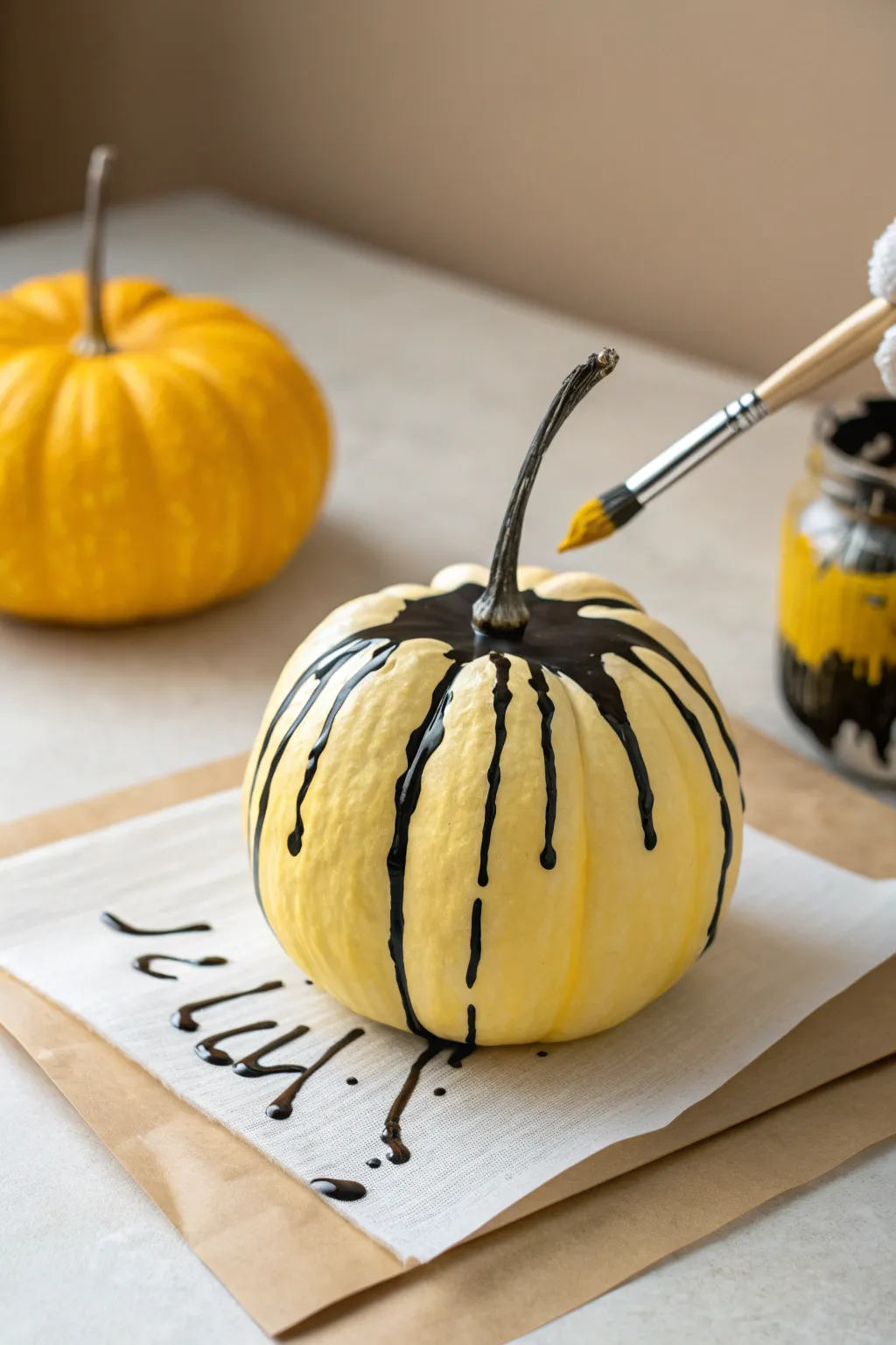 Minimalist yellow pumpkin with bold black and white drips, captured mid paint flow.
