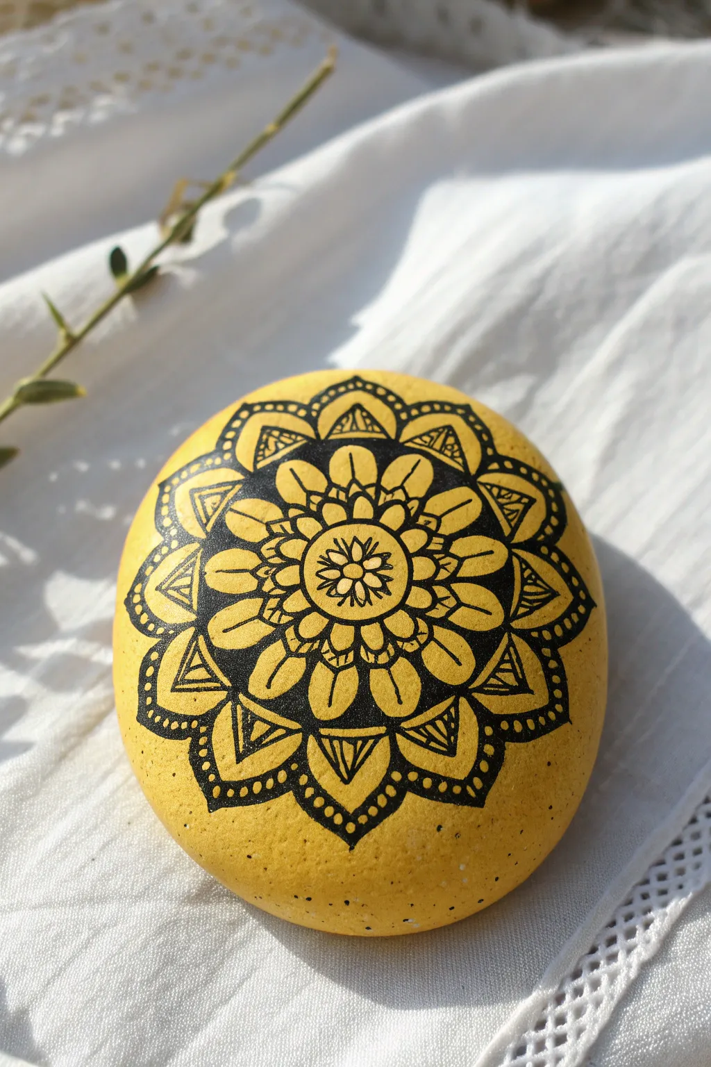 Yellow rock with a bold black mandala, clean lines and cozy minimalist boho contrast