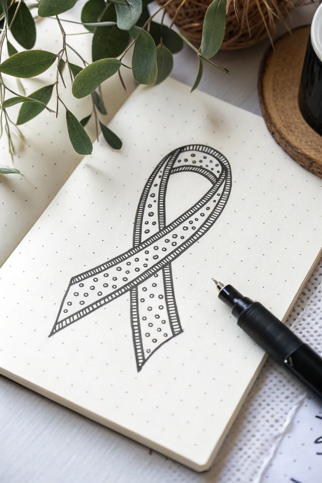 Ribbon zen doodle with tiny patterns and soft shadowing for an elegant 3D effect