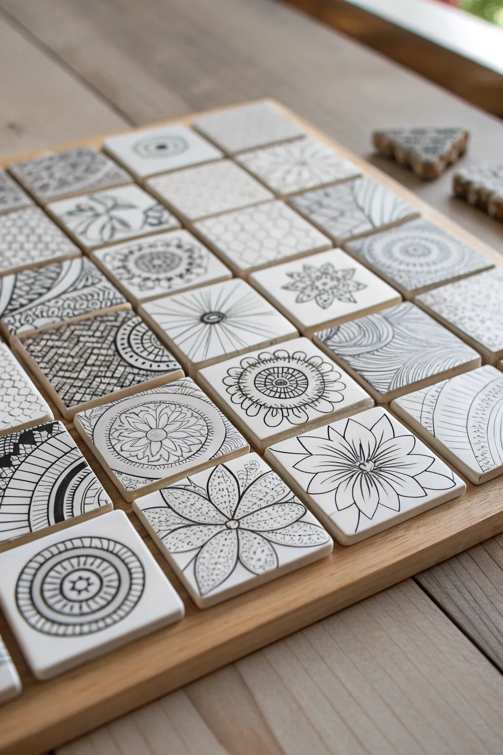 Build a mosaic of mini zentangle tiles with bold black ink patterns and calm Nordic style.