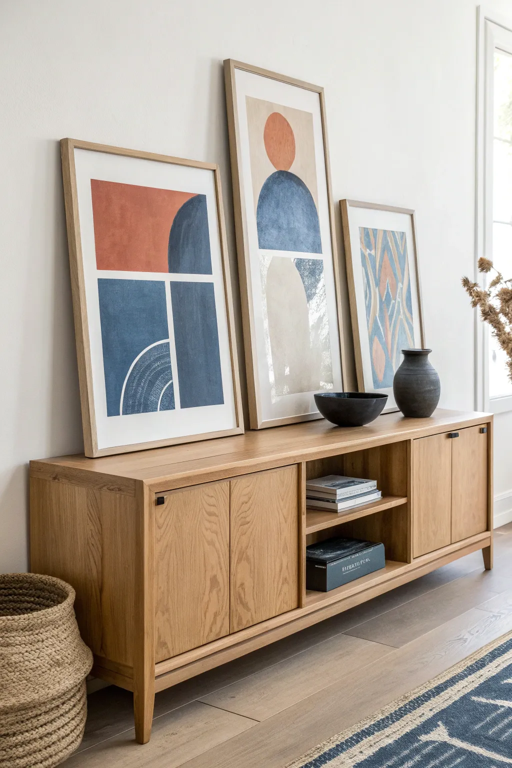 No-drill gallery set: three bold abstracts leaning on a console for an effortless styled look.