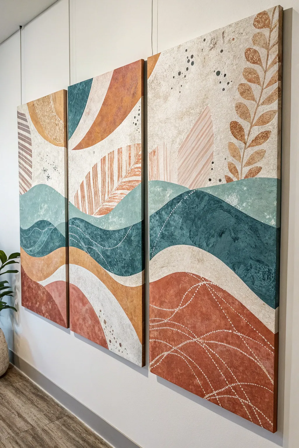Unified-palette mixed media triptych: clean Scandinavian calm with bold boho texture