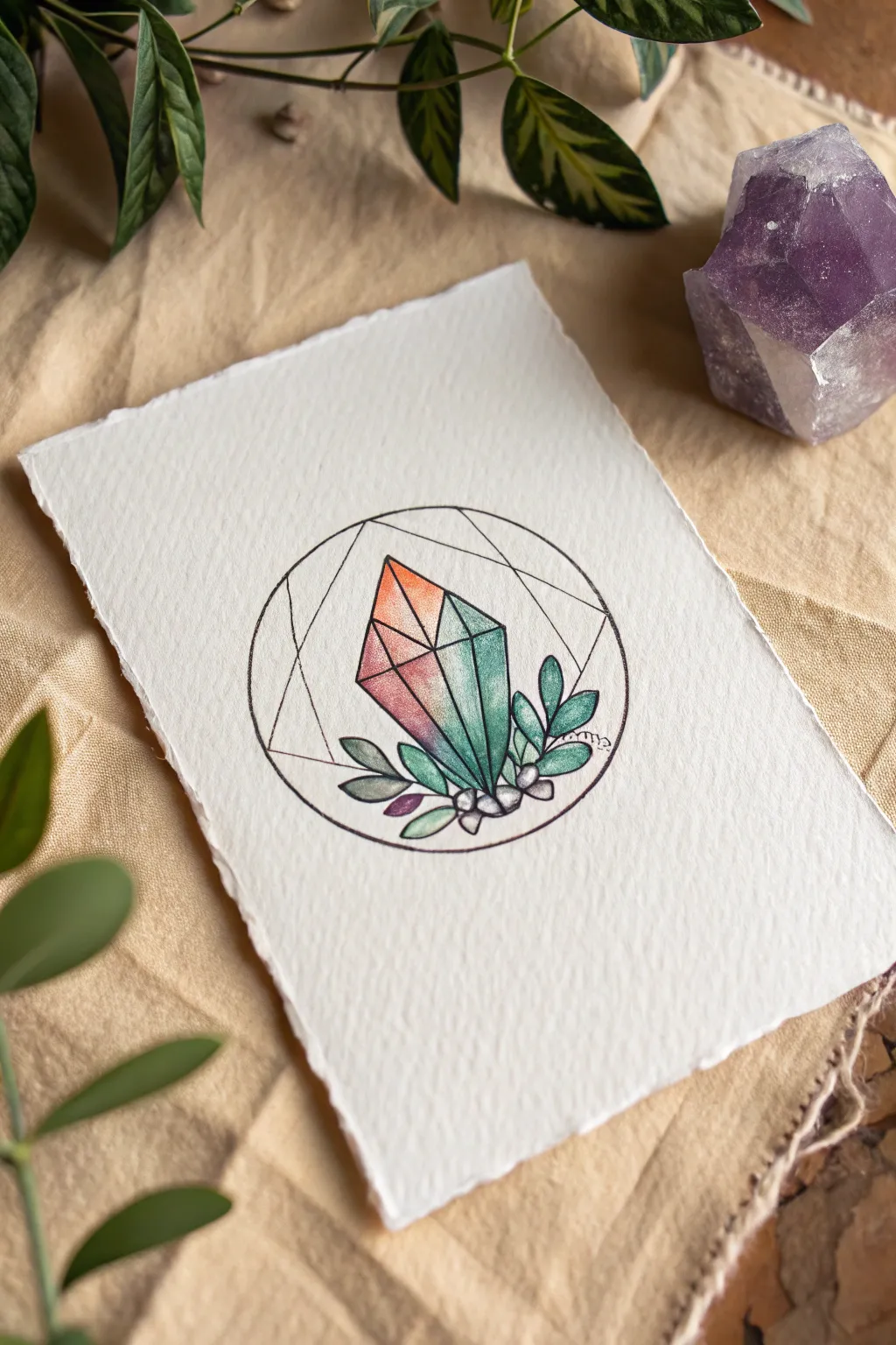 Easy crystal cluster circle drawing with bold jewel tones and clean minimalist Scandinavian style