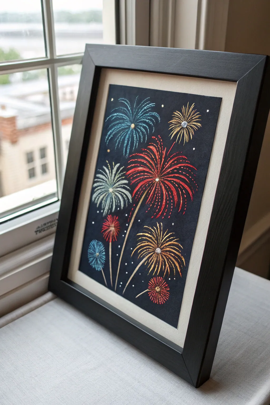 Salt-and-glue raised fireworks bloom in bold watercolor on black paper, perfect 4th of July craft.