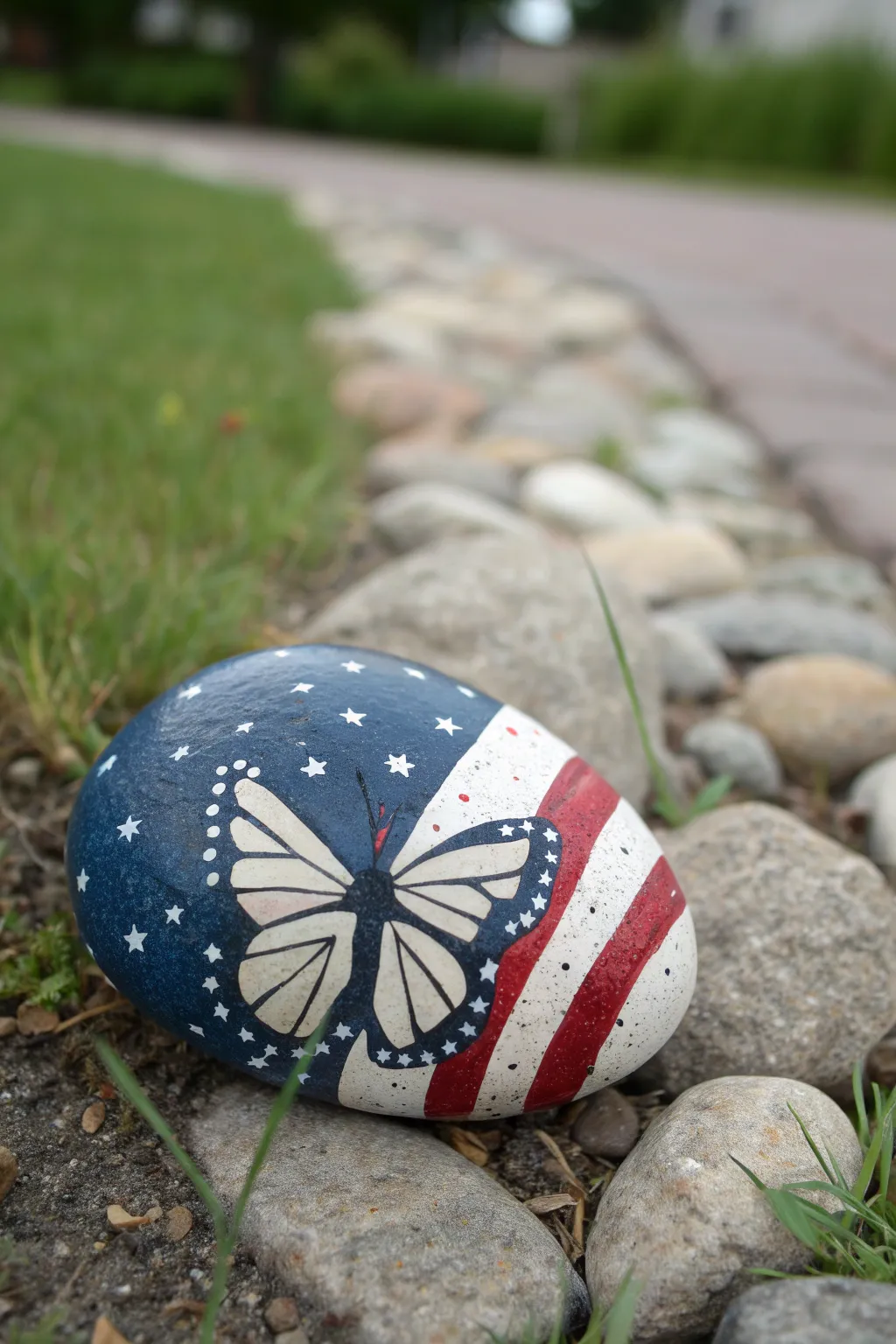 Stars and stripes butterfly rock art with crisp lines and bold contrast for a pretty July 4th DIY.