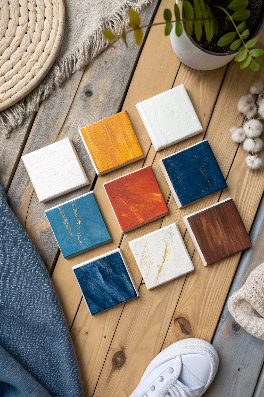 Six mini abstract acrylics in one palette, exploring texture and techniques side by side.