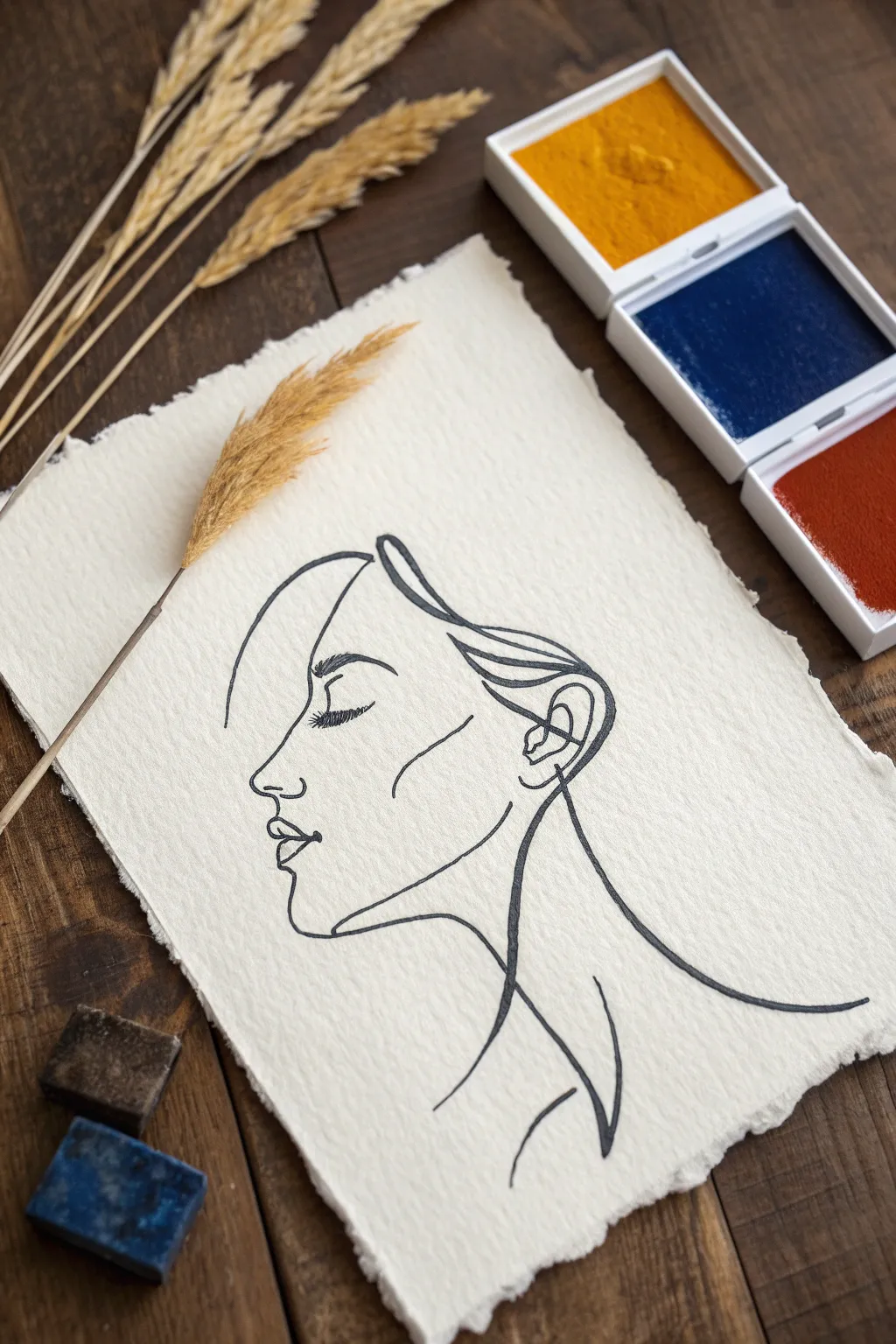 One-line abstract face with bold paint swatches, minimalist Scandinavian boho color pop.