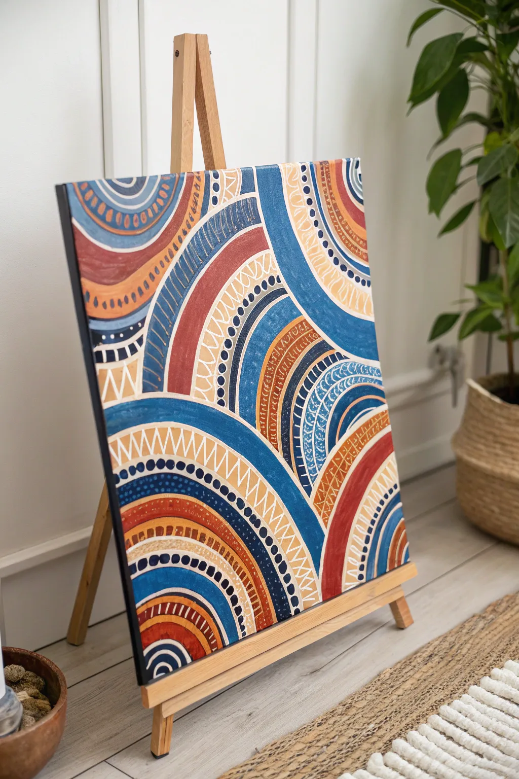 Paint to the beat: bold rhythm marks on a minimalist boho canvas, striking contrast and motion.