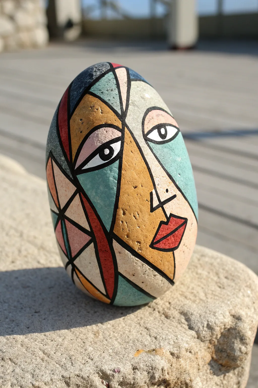 Cubist face rock painting with bold color blocks and clean lines for a modern boho-minimal look.