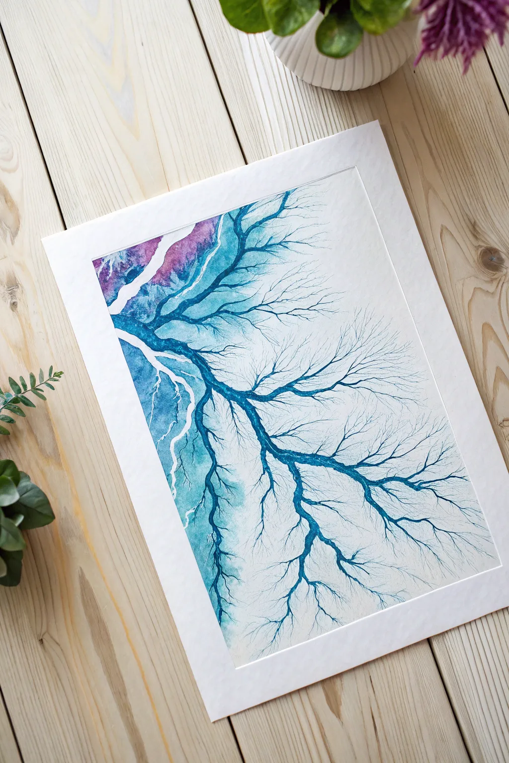 Blown-paint watercolor rivers with bold, branching flow lines for an airy minimalist boho look