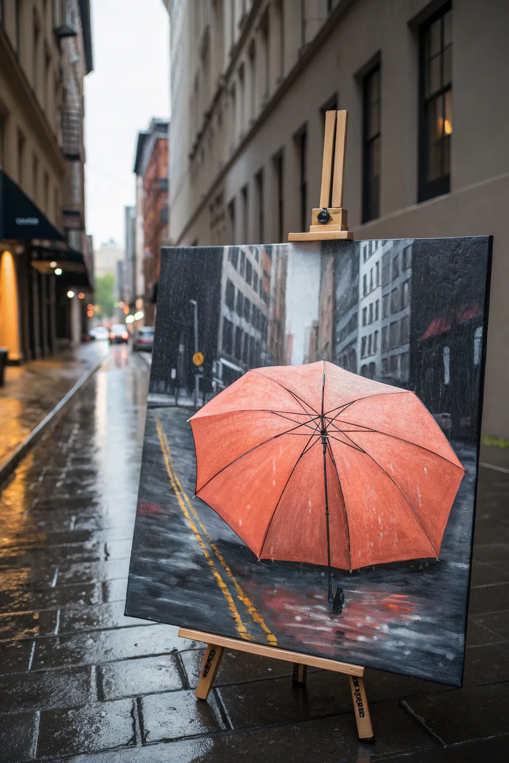 Cozy rainy umbrella acrylic with bold color pop and glossy street reflections in minimalist style