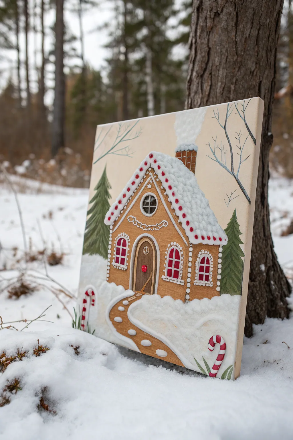 Cozy acrylic gingerbread house painting with bold icing details and warm Scandinavian tones