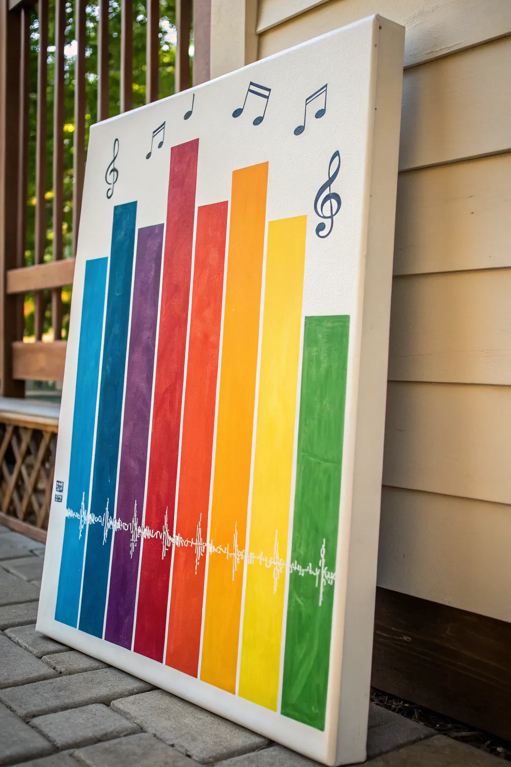 Abstract acrylic equalizer bars in bold color layers, capturing motion and beat in minimalist style