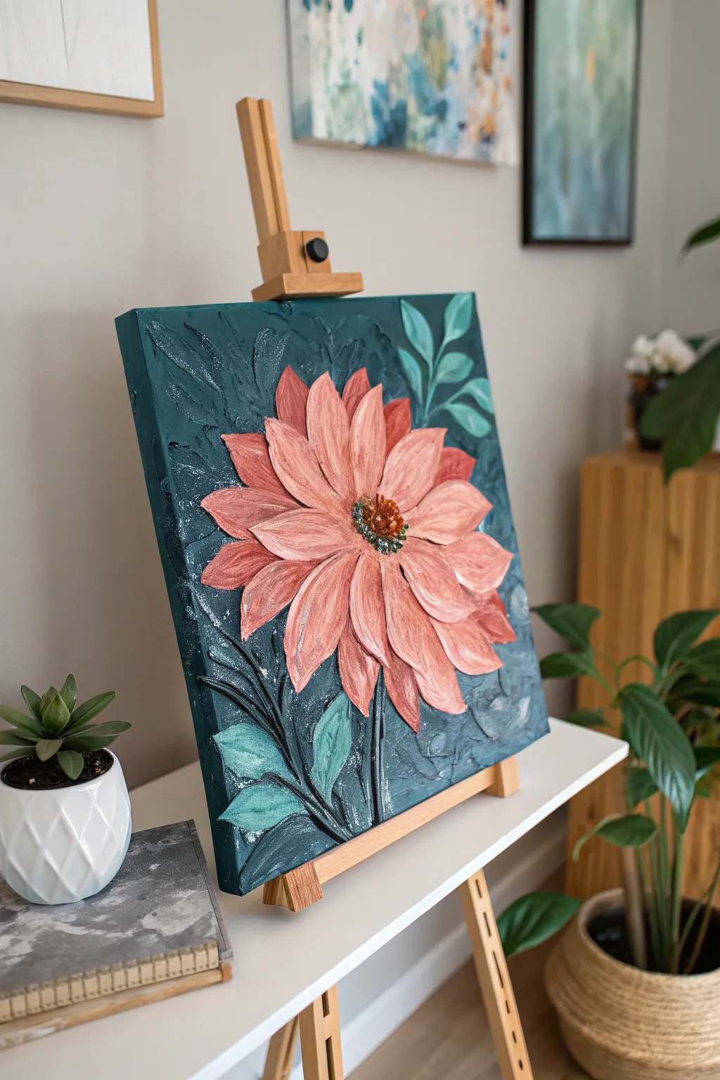 Palette-knife florals with bold impasto ridges, glowing highlights, and a moody dark backdrop