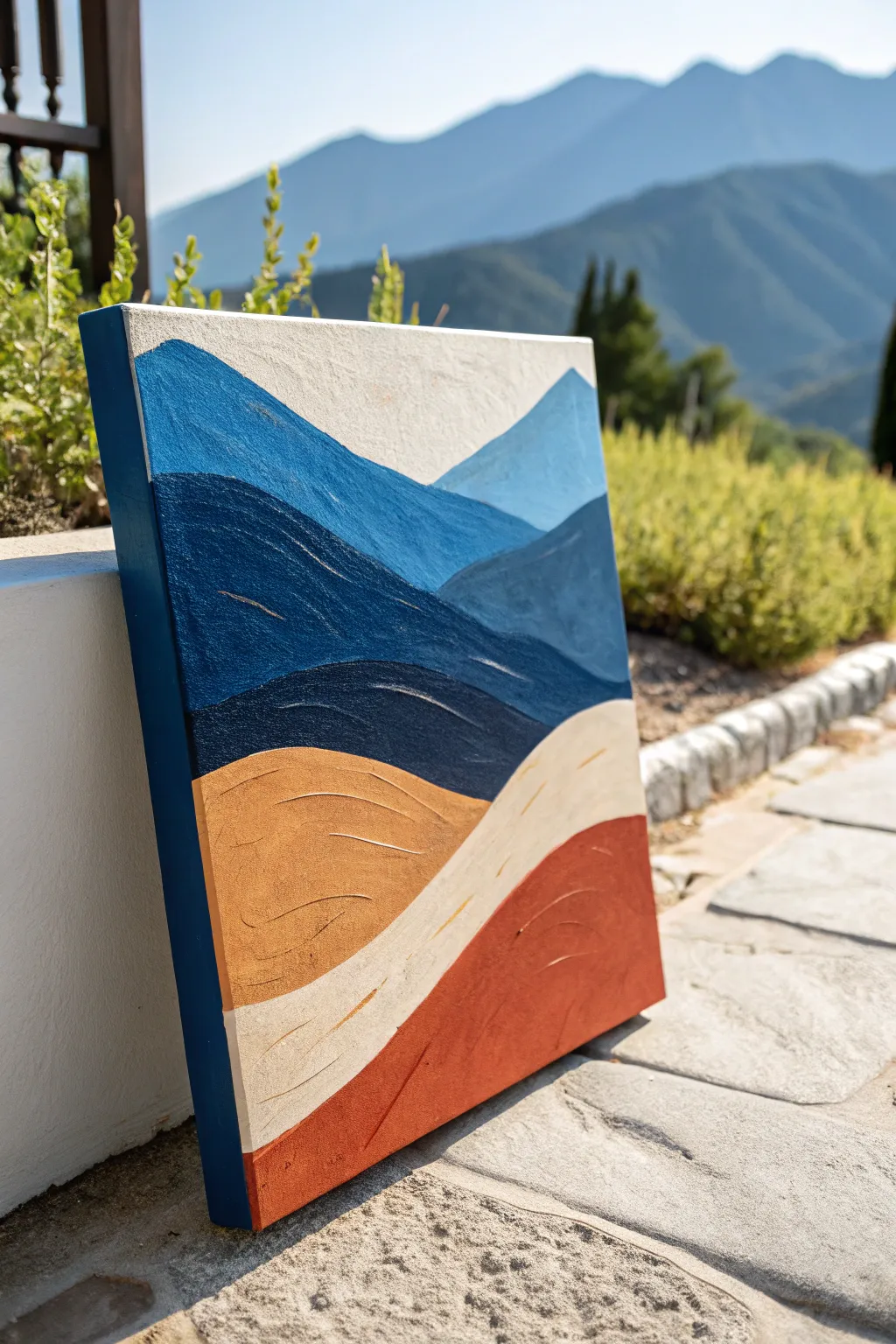 Bold palette knife texture brings a minimalist mountain landscape to life in rich acrylic color.