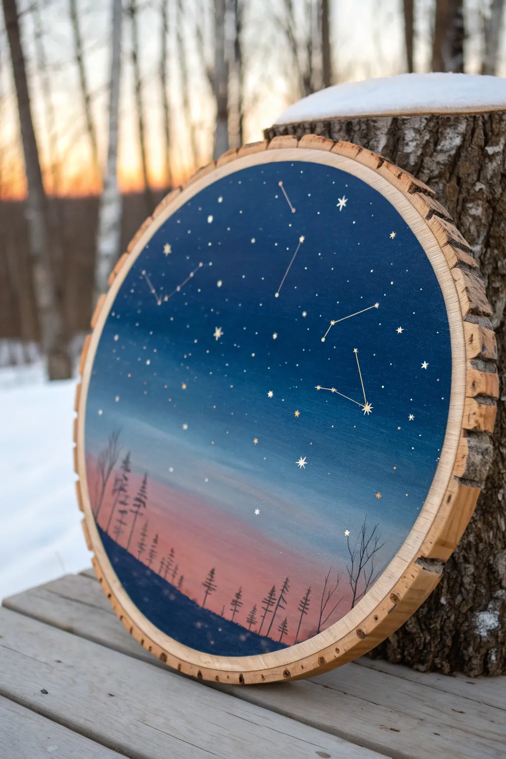 Matte acrylic night sky on wood with delicate metallic gold stars for a refined, modern glow