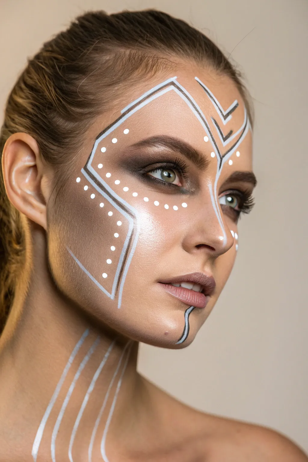 Metallic cyborg panel lines with neon circuit glow, shot in dramatic side light for bold contrast