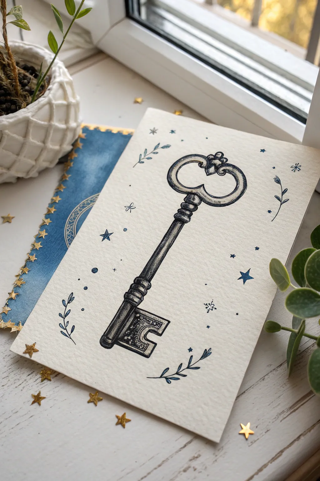 Everyday key sketch turned into a tiny talisman with gold sparkles and stardust, minimalist magic.