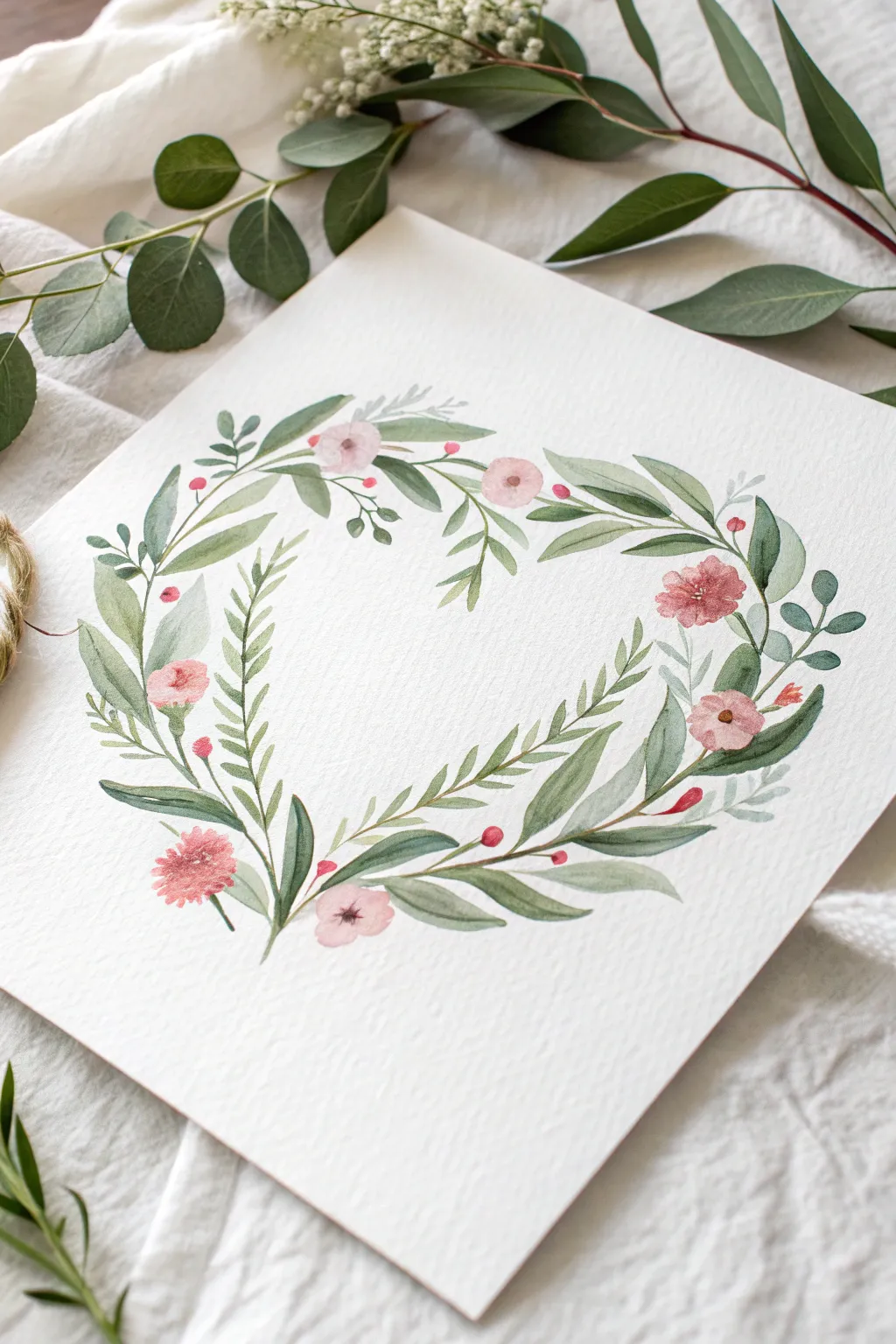 Botanical heart wreath in soft greens and blush, clean negative space, minimal yet romantic