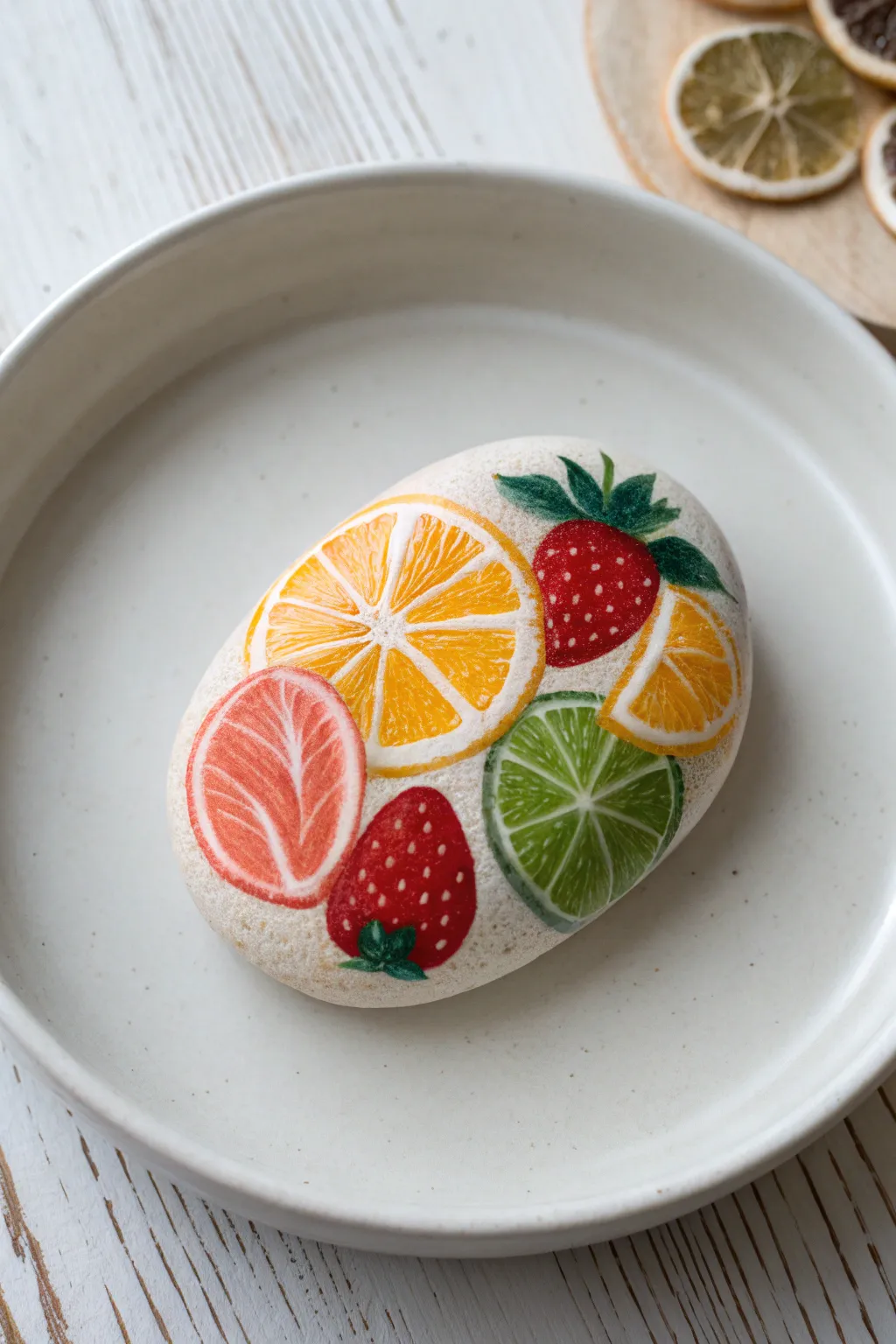 Glossy hand-painted food rock on a minimal plate, bold fruit colors for a playful flatlay