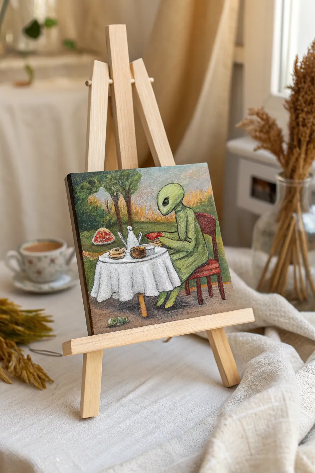 Paint this surreal alien tea party with bold cosmic colors in a clean Scandi boho style