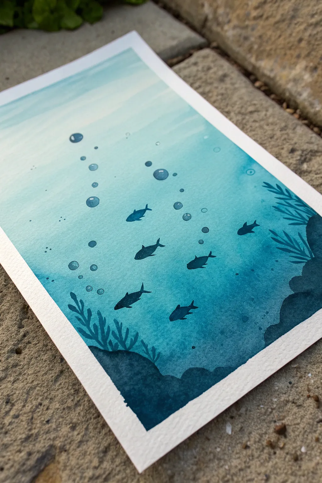 Easy underwater gradient painting idea with simple fish silhouettes, bubbles, and soft light rays