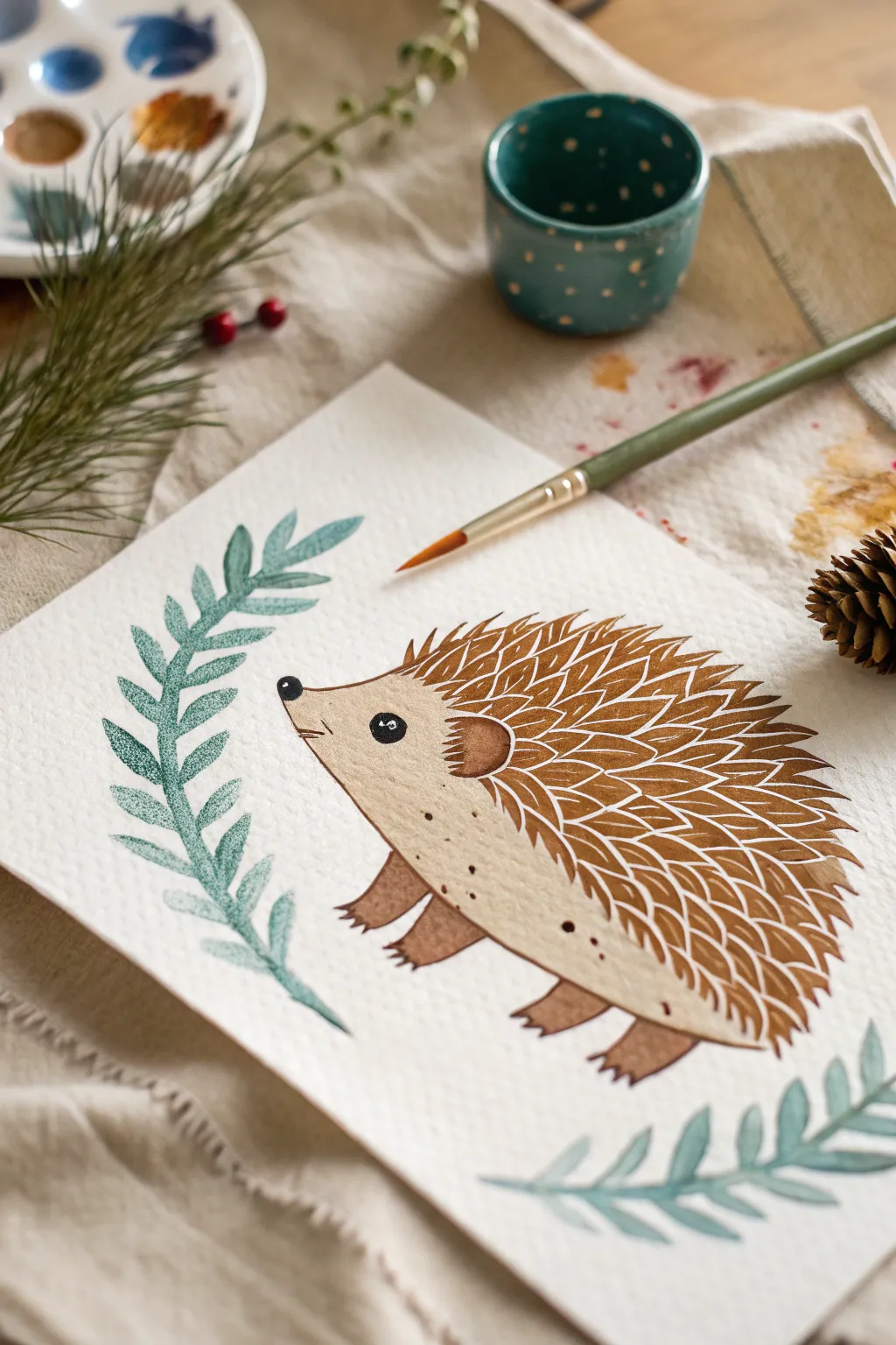 Create quick hedgehog texture with fork stamps—bold spines, minimalist vibes, adorable result.