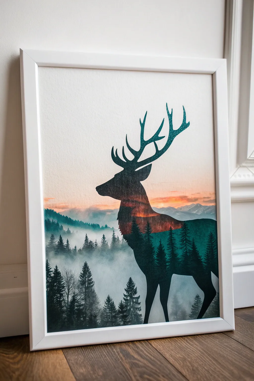 Deer silhouette double exposure with misty forest layers, minimalist yet bold and soulful.