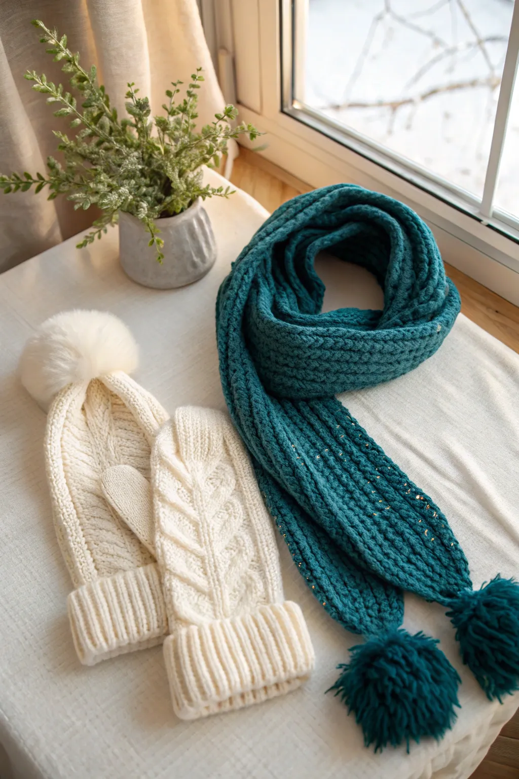 Anime winter accessory inspo: bold knit scarf and mittens with fluffy trim in cozy minimal style