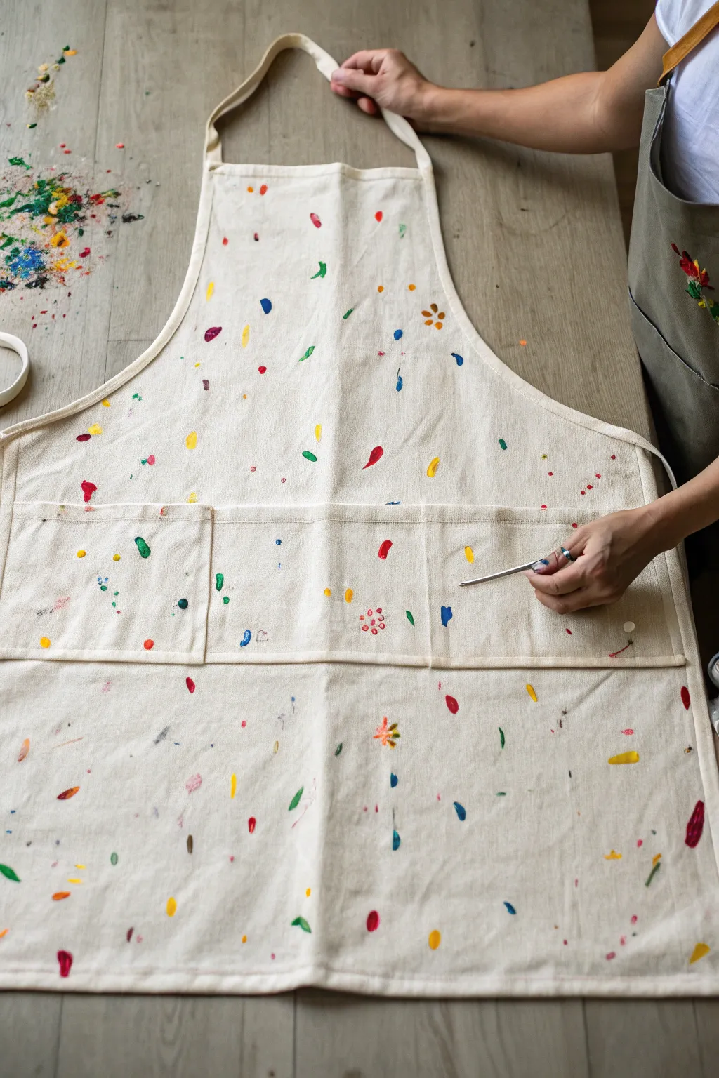 A signature-style painting apron keeps the memory alive with bold color marks and tiny icons