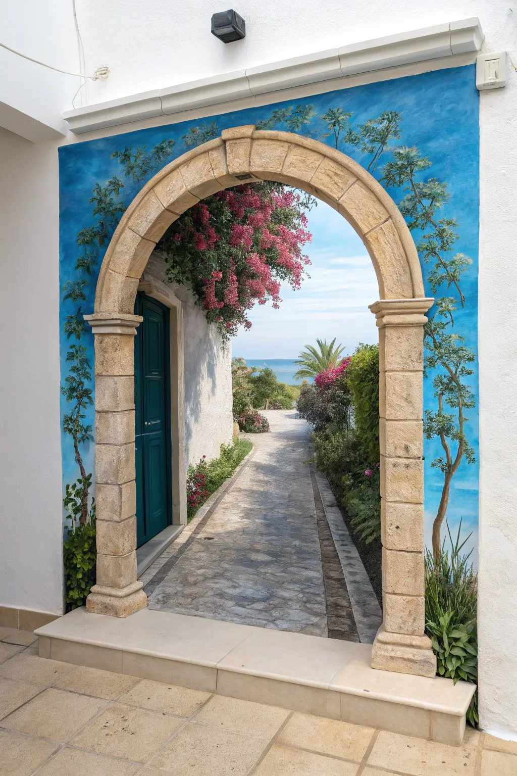 Trompe loeil archway mural that looks like a bright garden portal, bold yet minimalist