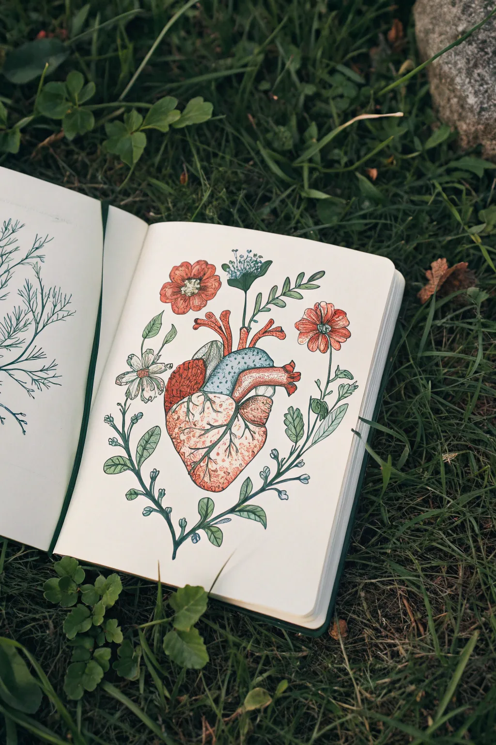 Surreal anatomy blooms into botanicals in a clean, moody sketchbook centerpiece for art inspo.