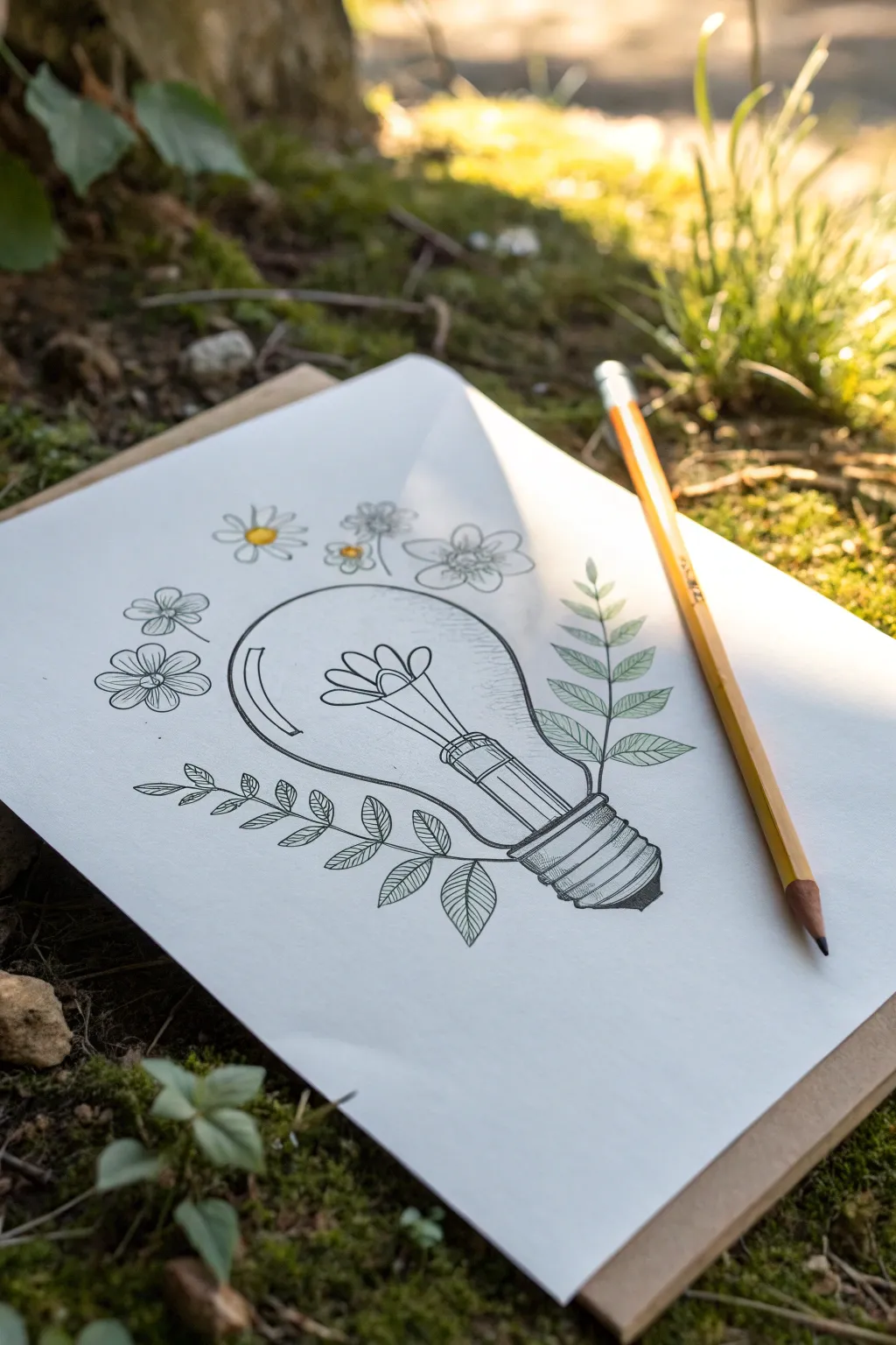 Beginner pencil idea: a lightbulb outline holding a tiny garden, with crisp graphite shine.