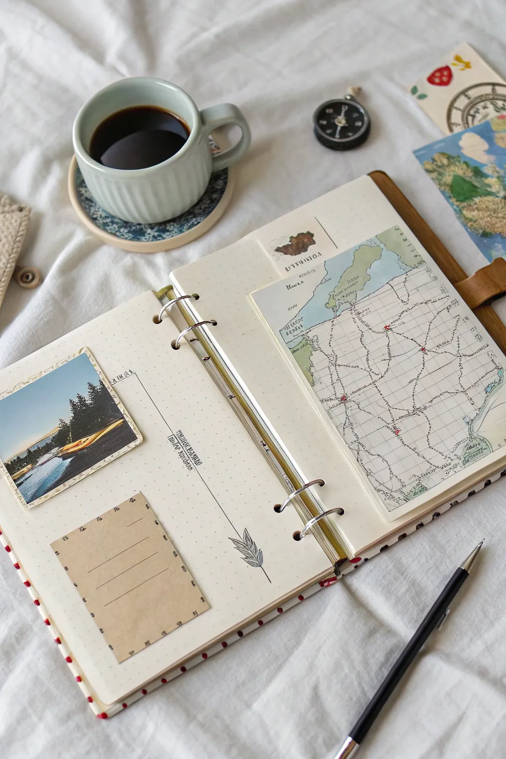 Travel memory art journal spread with torn maps, bold paint layers, and tiny icon sketches