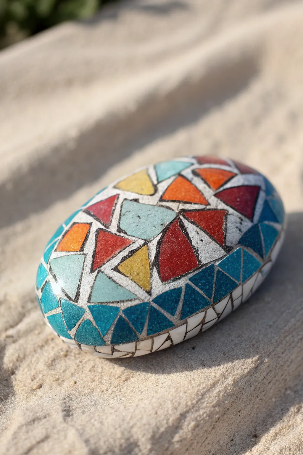 Tiny mosaic stone with broken-tile charm, bold jewel tones on a calm neutral backdrop.